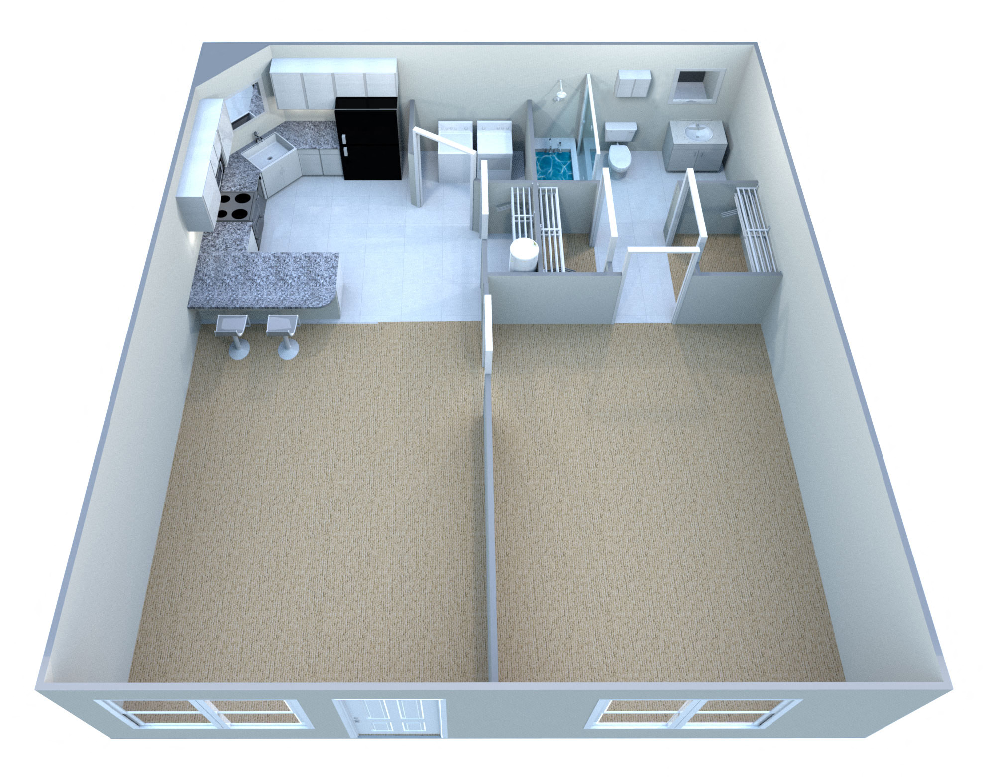 Floor plan for 1 bed, 1 bath, 665 sqft